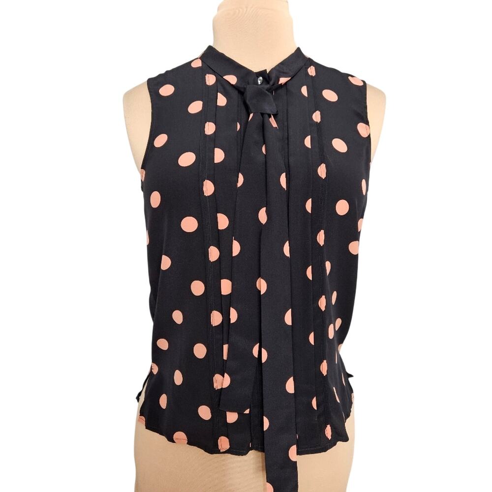 Tory Burch Black Sleeveless Polka Dot Silk Blouse Bow Neck Size 6 Old Money